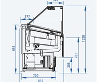 Eisvitrine Ital Proget Smile 18:     	Abmessungen: 	B 1603/ T 872/ H 1298-1328    	Fassungsvermögen/Inhalt: 	