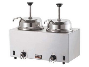 Doppeltes Topping-/Saucen Wärme- und Portioniergerät mit Pumpe.:    Zwei Edelstahl Wasserbad Wärmer mit 2 Pumpen.    Ausgabe aus 2,8L Edelsta