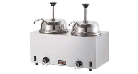 Doppeltes Topping-/Saucen Wärme- und Portioniergerät mit Pumpe.:    Zwei Edelstahl Wasserbad Wärmer mit 2 Pumpen.    Ausgabe aus 2,8L Edelsta