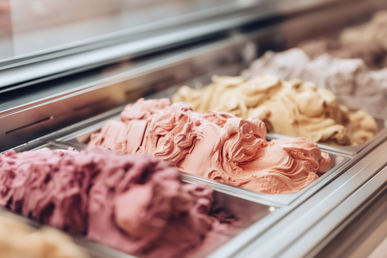 close-up of a professional gelato display case with extremely realistic gelato textures, natural soft colors, subtle melting details, stainless steel and glass surfaces in sharp focus, shallow depth of field with blurred background, premium food photography style, studio lighting, no people, no hands, 8k, photorealistic --chaos 10 --ar 3:2 --raw --stylize 50 --v 7 Job ID: ed8436f1-0dff-4b26-af90-c9426e3a9bbb