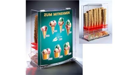 Eistütenhalter "Wonderful" mit Plexiglasscheibe für Reklame:   mit 14 Löchern und zwei herausnehmbaren Schubladen