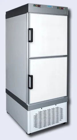 Ein großer Gefrierschrank steht auf einer weißen Wand.
